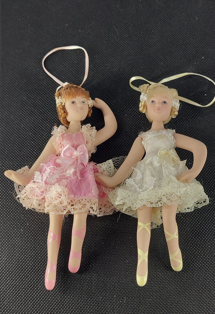 Vintage Ballet Dancer Christmas Ornaments Pink White Lace Ballerina Set of 2